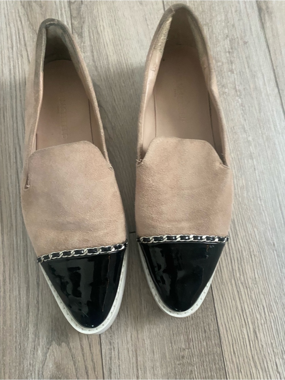 Karl Lagerfeld Taupe Suede Slip-on Loafers with black patented cap toe